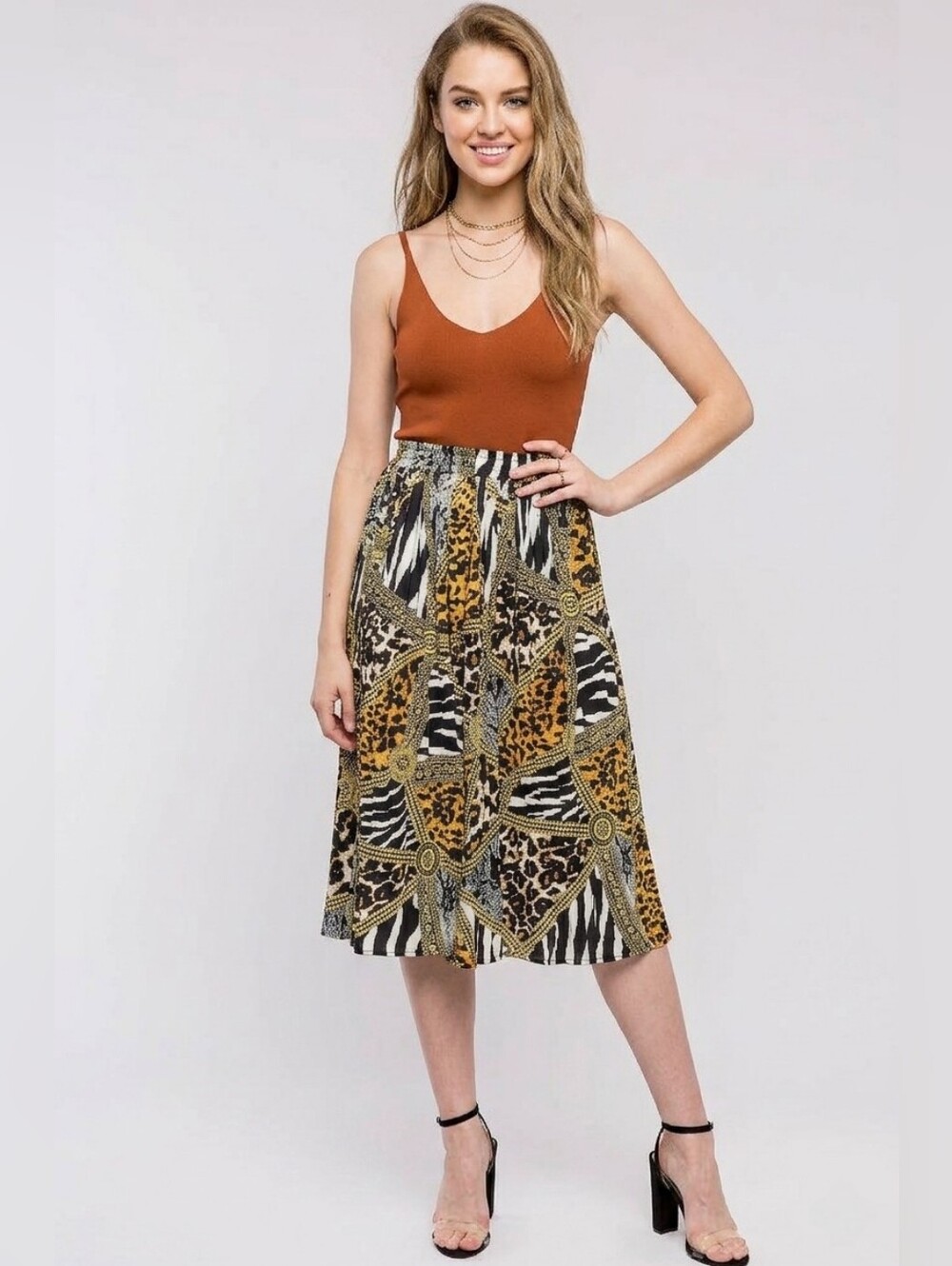 NEW Mixed Animal & Chain Print Pleated Midi Skirt Size M/6